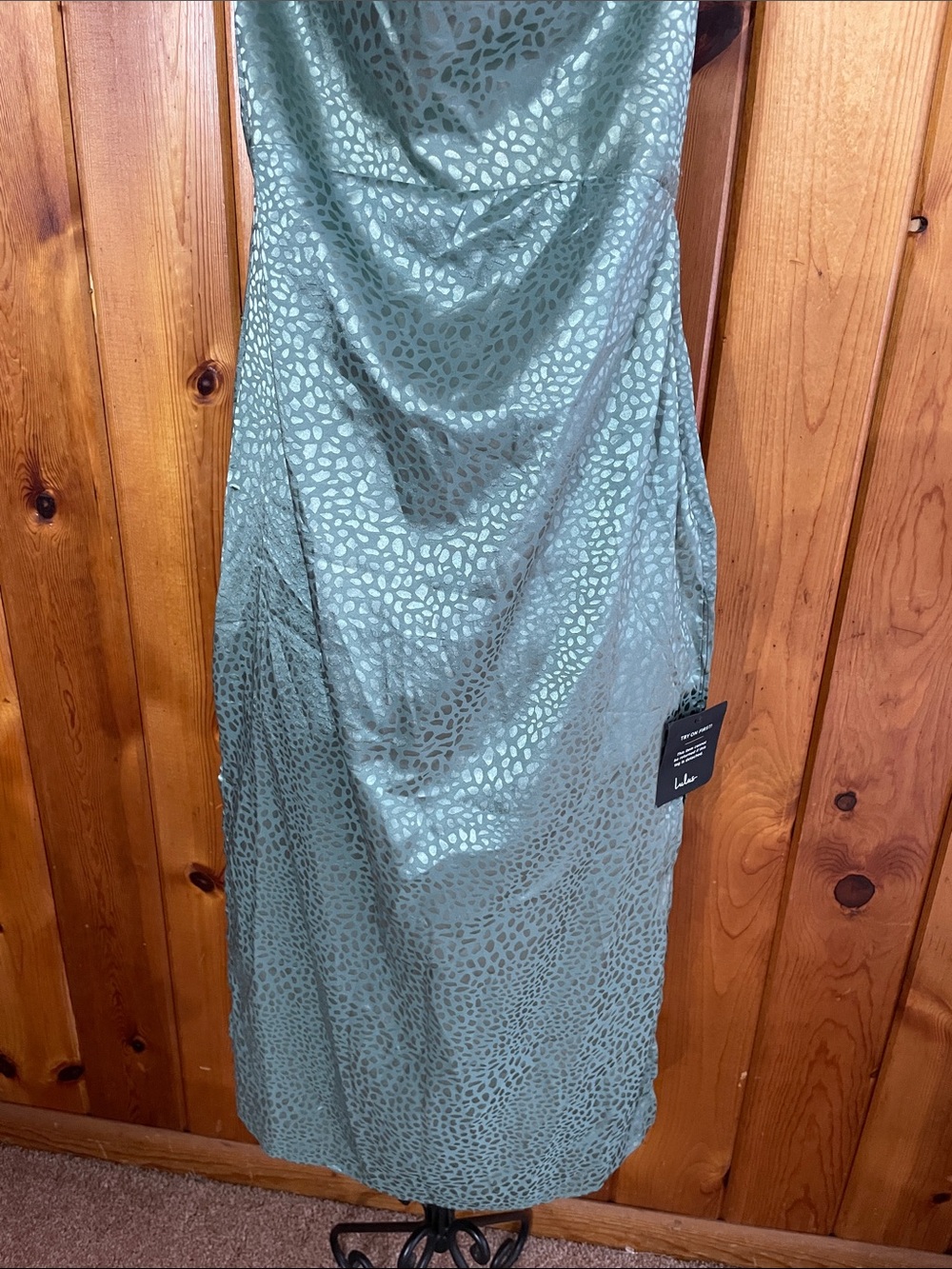 Total Stunner Sage Green Satin Jacquard Cowl Neck Midi Dress size small - Picture 5 of 12